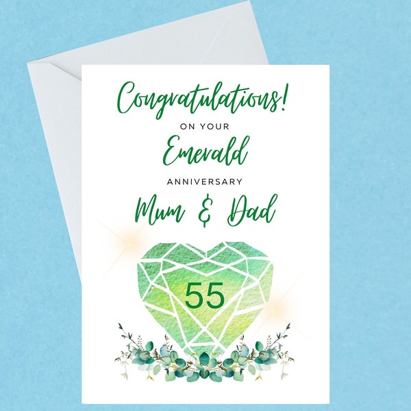 Customised Emerald Anniversary Card - Congratulations Emerald Anniversary - Mum Dad - Nana Grandad - 55 years - Handmade - Blank Inside -156