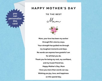 Happy Mother's Day To The Best Mum / Mom Card with verse - Mothers Day Card for Mum / Handmade Card - Minimalistic Card - Blank Inside - 96