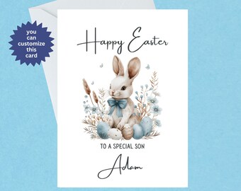 Personalised Easter Bunny Card - To A Special Son Card - Rabbit Easter Card - Illustrated Easter Rabbit - Handmade - Blank Inside - 537