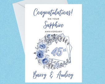 Customised Sapphire Anniversary Card - Congratulations Sapphire Wedding Anniversary - 45 years married  - Handmade - Blank Inside - 158