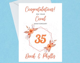 Personalisierte Karte zum 35. Hochzeitstag in Koralle – Herzlichen Glückwunsch zu Ihrem Korallenjubiläum – 35 Jahre – handgefertigt – innen leer – 157