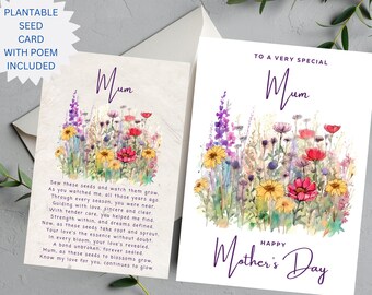 Besonderes Muttertagsgeschenk - Wunderschöne Muttertagskarte Inklusive pflanzbarer Wildblumen-Samenkarte - Handgefertigt - Innen leer - 619