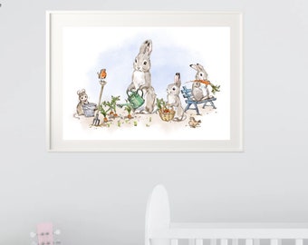 Whimsical Nursery Wall Art - With Mount - Nursery Decor, Cute Forest Animals in the Garden Nursery Art, Whimsical Woodlands Range - WA02