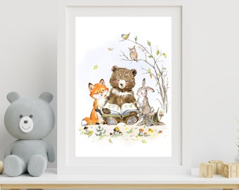 Whimsical Nursery Wall Art - With Mount - Decor, Cute Animals Storytime, Animals Reading, Nursery Art, Whimsical Woodlands Range - WA01