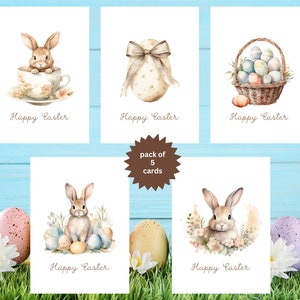 Easter-Cards, Pack of 5 Assorted Easter Cards, Adorable Watercolour Easter Bunnies, Eggs and Floral Baskets, Spring Card Set, 5 pack 583 zdjęcie 1