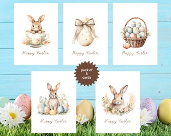 Easter-Cards, Pack of 5 Assorted Easter Cards, Adorable Watercolour Easter Bunnies, Eggs and Floral Baskets, Spring Card Set, 5 pack - 583
