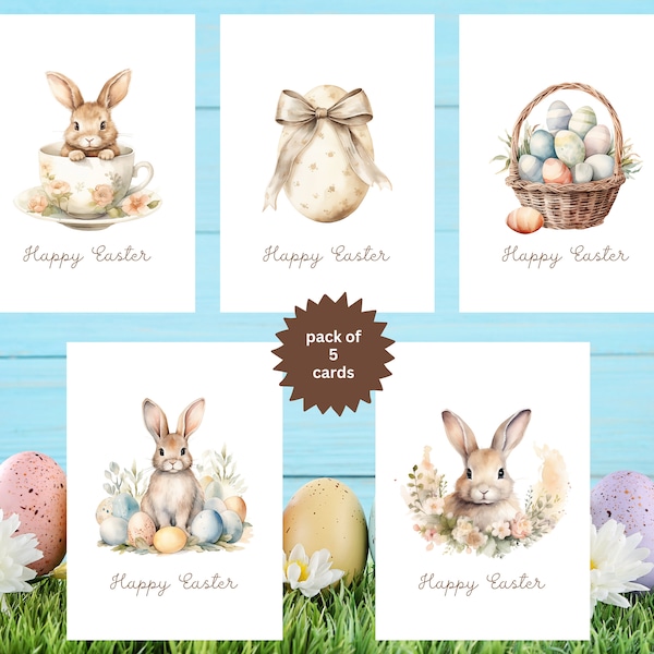 Easter-Cards, Pack of 5 Assorted Easter Cards, Adorable Watercolour Easter Bunnies, Eggs and Floral Baskets, Spring Card Set, 5 pack - 583