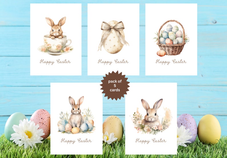 Easter-Cards, Pack of 5 Assorted Easter Cards, Adorable Watercolour Easter Bunnies, Eggs and Floral Baskets, Spring Card Set, 5 pack 583 zdjęcie 3