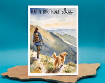 Female Hiker And Dog Card - Golden Retriever and Rambler On A Mountain Trekking Card - Rambler or Hill Walker Birthday Card - Handmade - 887