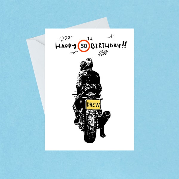 Motorcycle Birthday Card | Personalised Name & Age | 30th | 40th | 50th | 60th | 70th | Biker's Birthday Card | Handmade | Blank Inside 437