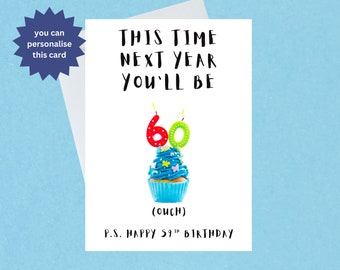 59th Birthday Card, 59th Birthday Celebrations, Nearly 60, Funny 59th Birthday Cupcake Card, Handmade, Blank Inside, 284