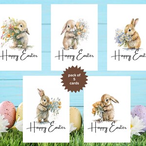 May include: Set of five Easter cards featuring watercolor illustrations of bunnies holding bouquets of flowers. Each card has the text "Happy Easter" printed on it.
