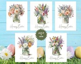 Easter Cards - Floral Vase Cards - Pack of 5, Easter Flowers Cards, Floral Easter Vases Multipack Cards, Spring Floral Card Set, 5 pack -520