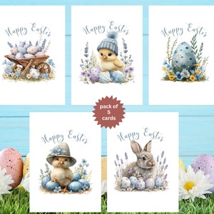 Easter-Delight Pack of 5 Easter Cards, Delightful Easter Card Pack Includes Chicks, Bunnies, Eggs & Floral Baskets Spring Card Set 593 image 1