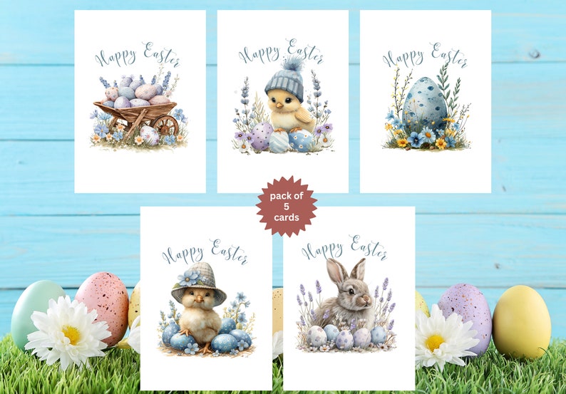 Easter-Delight Pack of 5 Easter Cards, Delightful Easter Card Pack Includes Chicks, Bunnies, Eggs & Floral Baskets Spring Card Set 593 image 1