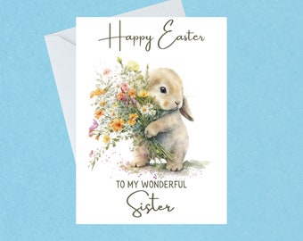 Sister Easter Bunny Card - Wonderful Sister Easter Card - Rabbit Easter Card - Illustrated Easter Bunny - Handmade - Blank Inside - 542