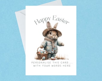 Customized Easter-Bonnet Bunny Card - Personalised Easter Card - Floppy Hat Rabbit Easter Card - Illustrated Easter Bunny - Blank Inside-602