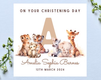 Personalised Baby Christening Card - Customised Baptism Card - Boy Girl With Initial - Safari Animals Jungle Themed Gift - Handmade - 665