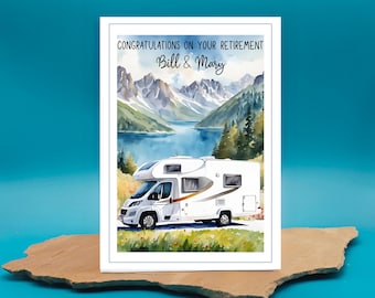 May include: A white camper van is parked in front of a lake and mountains. The card reads "Congratulations on your retirement Bill & Mary".