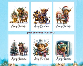 Highland Cow Christmas Cards (4.1" x 6.1"), Pack Of 6 Cards, Cute Highland Coo, Multipack Xmas Cards, Adorable Highland Cow Cards - 656