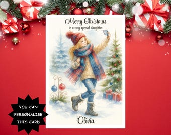 Whimsical Girl Taking Selfie Christmas Card, Personalised Card For Granddaughter, Daughter, Goddaughter, Great Granddaughter, Niece, Friend