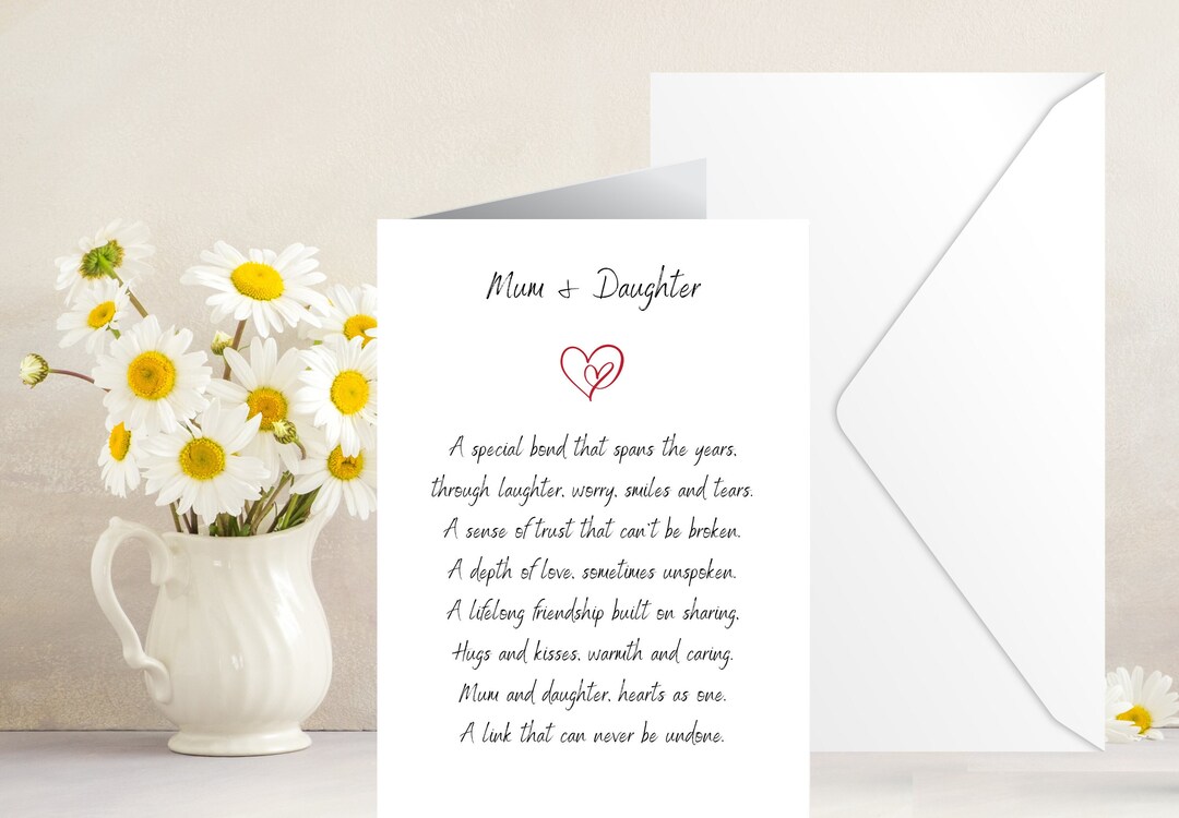 Mother and Daughter Card With Poem Minimalistic Handmade Card With ...