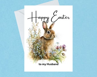 Happy Easter To My Husband Easter Card - Rabbit Greeting Card - Illustrated Easter Bunny - Handmade - Blank Inside - 131