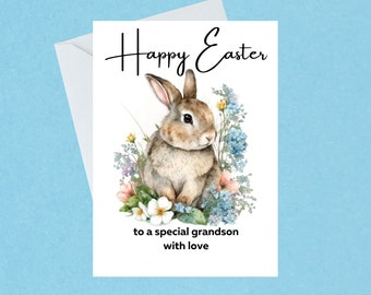 Happy Easter to a Special Grandson Card - Rabbit Greeting Card - Illustrated Easter Rabbit - Handmade - Blank Inside - 125