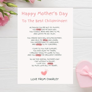 Childminder Mother's Day Poem Card For Childminder On Mothers Day Card For Best Childminder Other Mother Card Childminder Gift 639