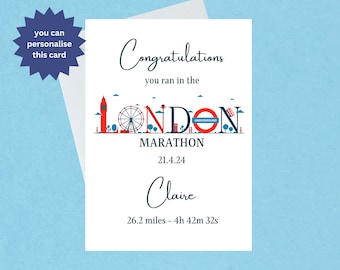 Herzlichen Glückwunsch zum London Marathon 21. April 2024 – Glückwunschkarte zum London Marathon – personalisierbar mit Namen und Uhrzeit – innen unbeschriftet – 247