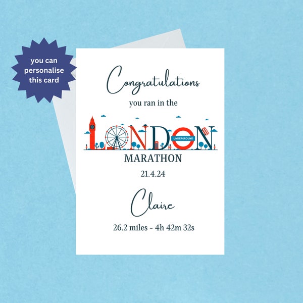 Congratulations London Marathon 21st April 2024 Card - Good Luck London Marathon - Personalise with name and time - Blank Inside - 247