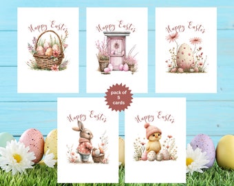 Easter-Charm Pack of 5 Easter Cards, Charming Easter Card Pack - Includes Chicks, Bunnies, Eggs & Floral Baskets - Spring Card Set - 594