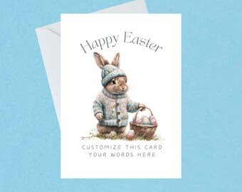 Customized Easter Bunny Card - Personalised Easter Card - Rabbit Easter Card - Illustrated Easter Bunny - Handmade - Blank Inside - 600