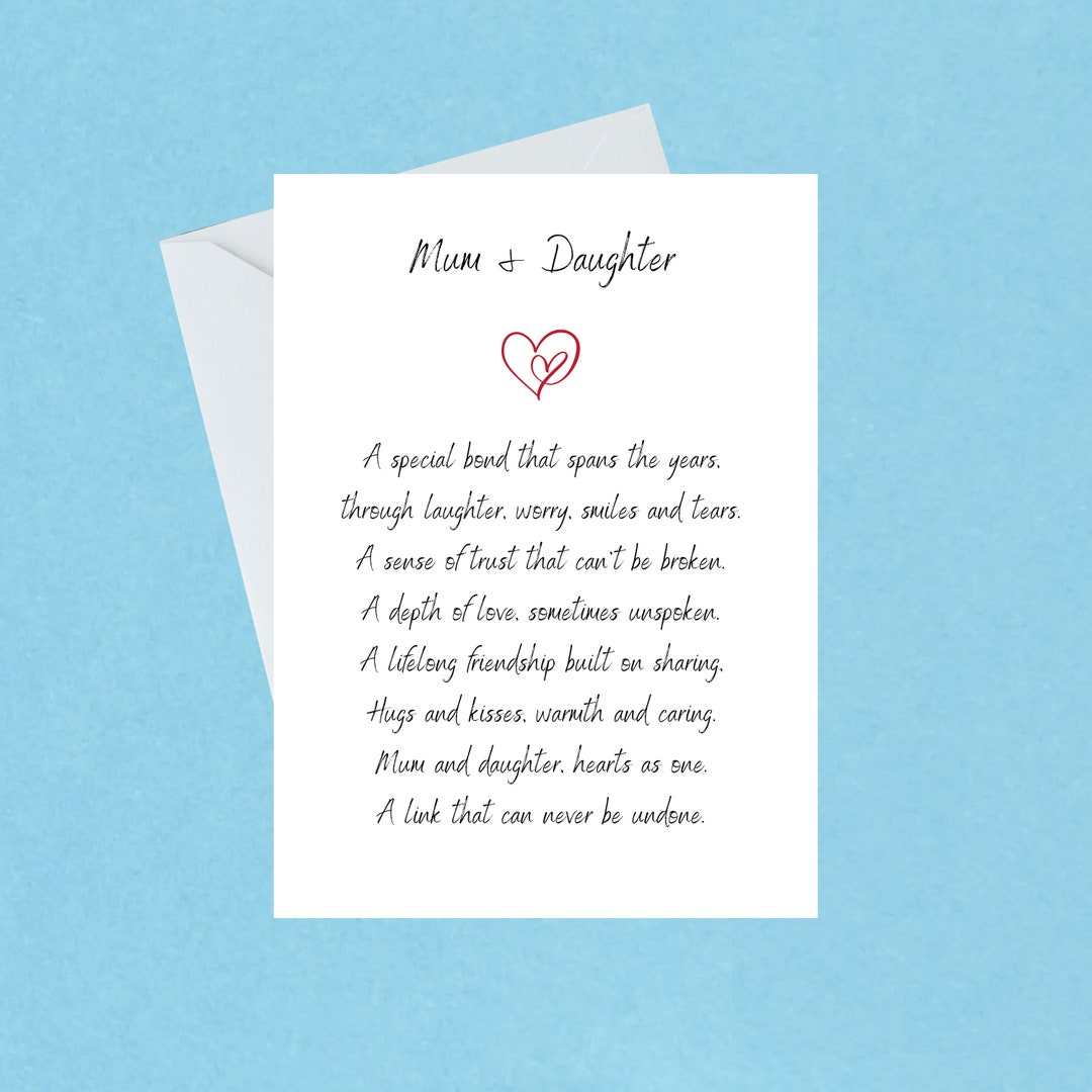 Mother and Daughter Card With Poem Minimalistic Handmade Card With ...