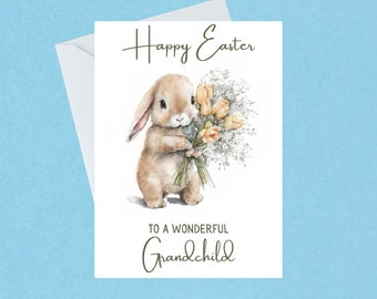 Grandchild Easter Bunny Card - Wonderful Grandchild Easter Card - Rabbit Easter Card - Illustrated Easter Bunny - Handmade -Blank Inside-535