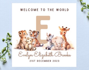 New Baby Personalised Welcome Card - Customised Safari Animals - Jungle Themed Baby Gift - New Baby Boy Girl With Initial - Handmade - 664