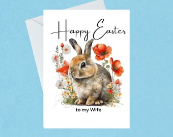 Happy Easter To My Wife Easter Card - Rabbit Greeting Card - Illustrated Easter Bunny - Handmade - Blank Inside - 132