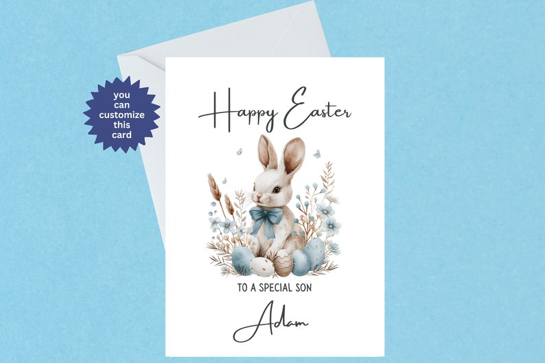 Personalised Easter Bunny Card To A Special Son Card Rabbit Easter Card Illustrated Easter Rabbit Handmade Blank Inside 537 image 1