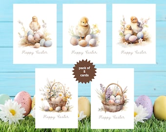 Easter-Chicks and Baskets Cards, Pack of 5 Easter Cards, Adorable Easter Chicks and Floral Baskets, Spring Card Set, 5 pack - 581