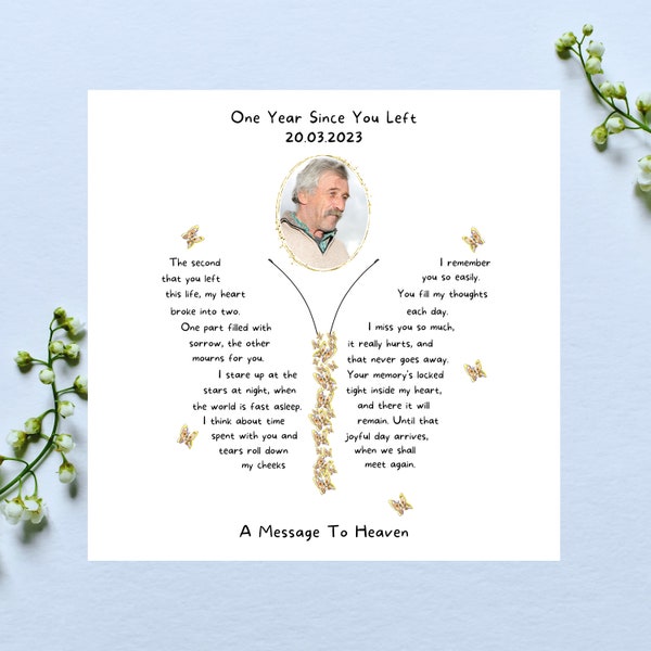 Bereavement Card Personalised with a PHOTO - One Year Since You Left Butterfly Card With Sentimental Verse - Handmade - Blank Inside - 321