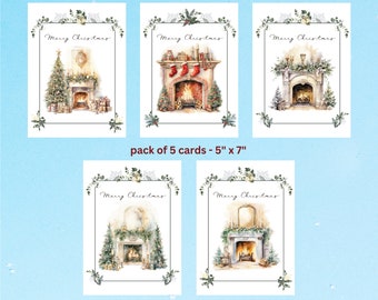 Kerstkaarten (5" x 7") Pack van 5 - Gezellige kerstopen haarden - Kerstkaart Multipack - Blanco binnenkant - 727