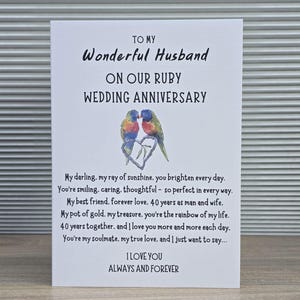 Handgefertigte Ruby Anniversary Karte ‚To My Husband‘ – 22x22 Cm, Mit Umschlag, Weißes Baumwollpapier