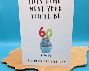 59th Birthday Card, 59th Birthday Celebrations, Nearly 60, Funny 59th Birthday Cupcake Card, Handmade, Blank Inside, 284