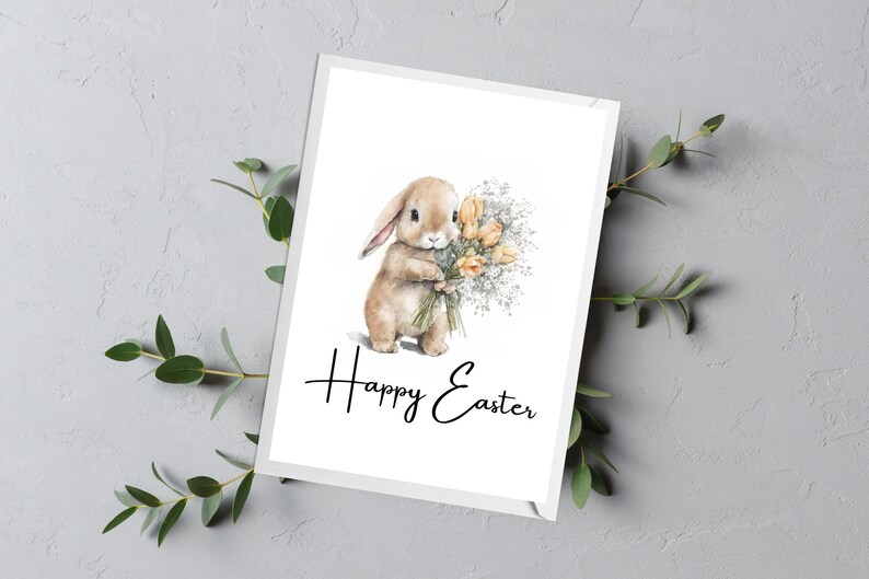 May include: A watercolor illustration of a brown bunny holding a bouquet of yellow flowers with white accents. The text "Happy Easter" is written below the bunny.