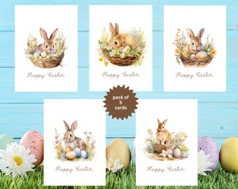 Easter-Bunnies and Baskets Cards, Pack of 5 Easter Cards, Adorable Easter Bunnies, Eggs and Floral Baskets, Spring Card Set, 5 pack - 582