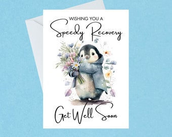 Speedy Recovery Penguin Get Well Soon Card - Surgery Operation Get Well Soon Card - Whimsical Card Range - Handmade - Blank Inside - 478