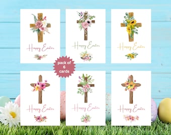Classic Floral Crosses Easter Cards Pack of 6, Easter Cross Cards, Floral Easter Cross Multipack Cards, Spring Floral Card Set, 6 pack - 519