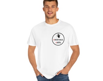 May include: White t-shirt with a black circle logo that says "Cocktails Cartel" in red and black letters. The logo also features a black cocktail shaker icon.