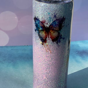 Glitter Tumbler with Butterflies, Glitter Tumbler Personalized, Glitter Tumbler Cup, Flower Tumbler, Glitter Tumbler, Ombre Glitter