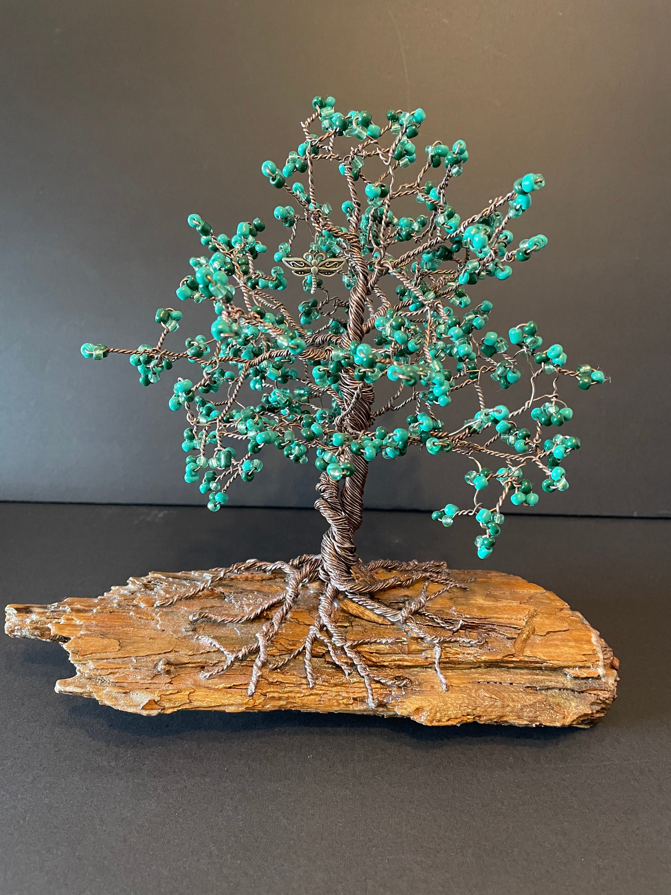 Coppery Wire Tree With Multi Green Coloured Beads Attached to